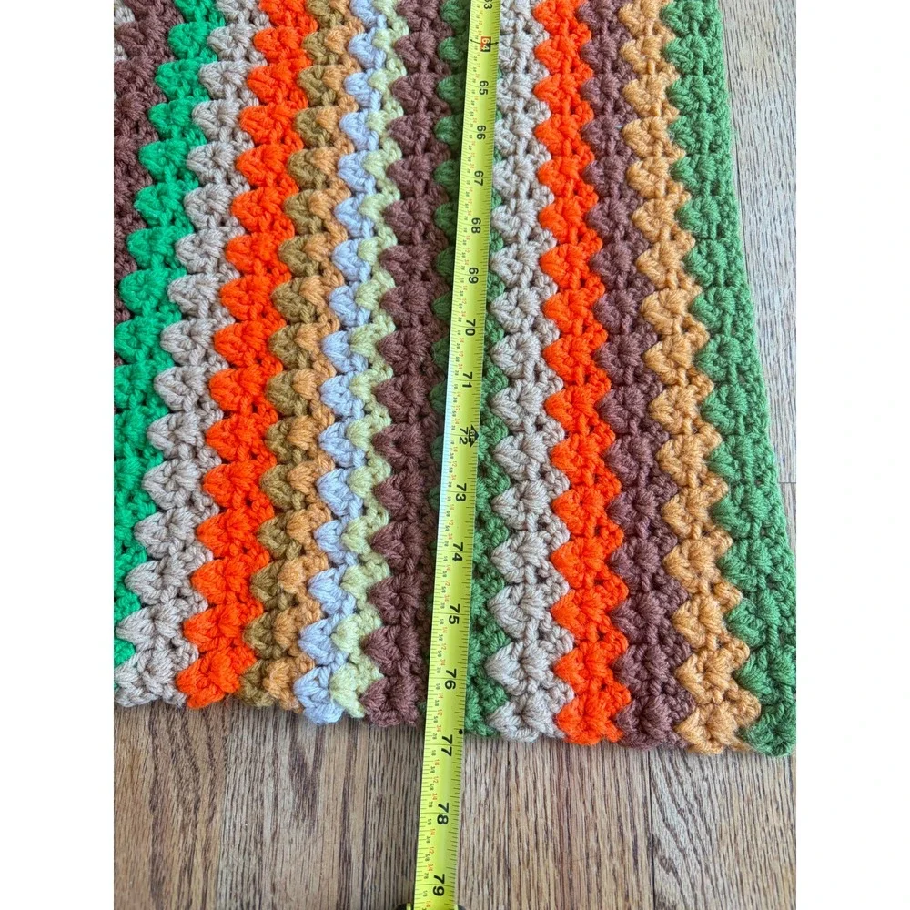Vintage Handmade Crochet Afghan Blanket 70s Earthy Green Orange Brown 33x77